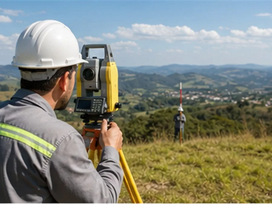 Levantamento topográfico com estação total em campo