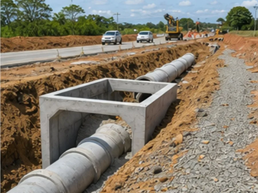 Projeto de drenagem com tubos e obra viária