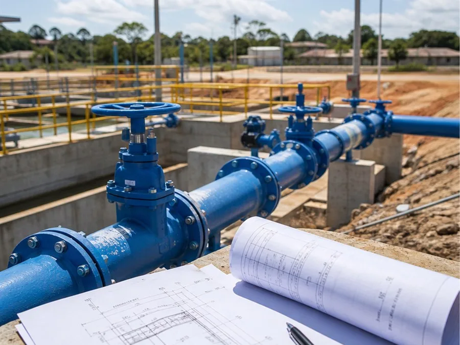 Projeto de água com tubulação, válvulas e planta técnica