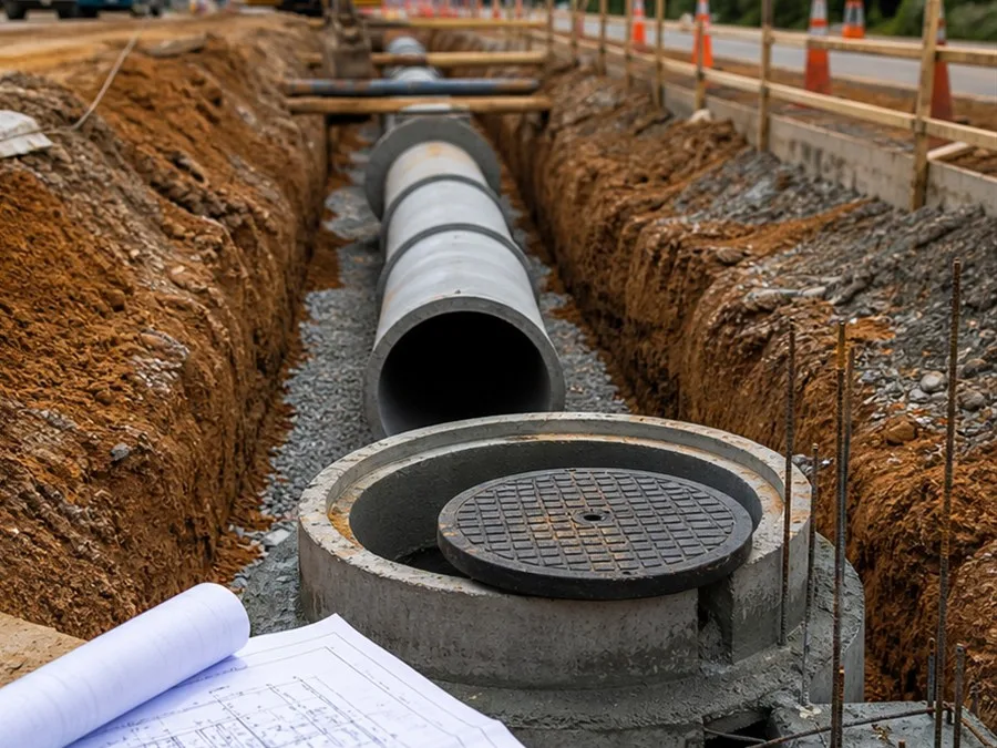 Projeto de esgoto com tubulação sanitária e poço de inspeção